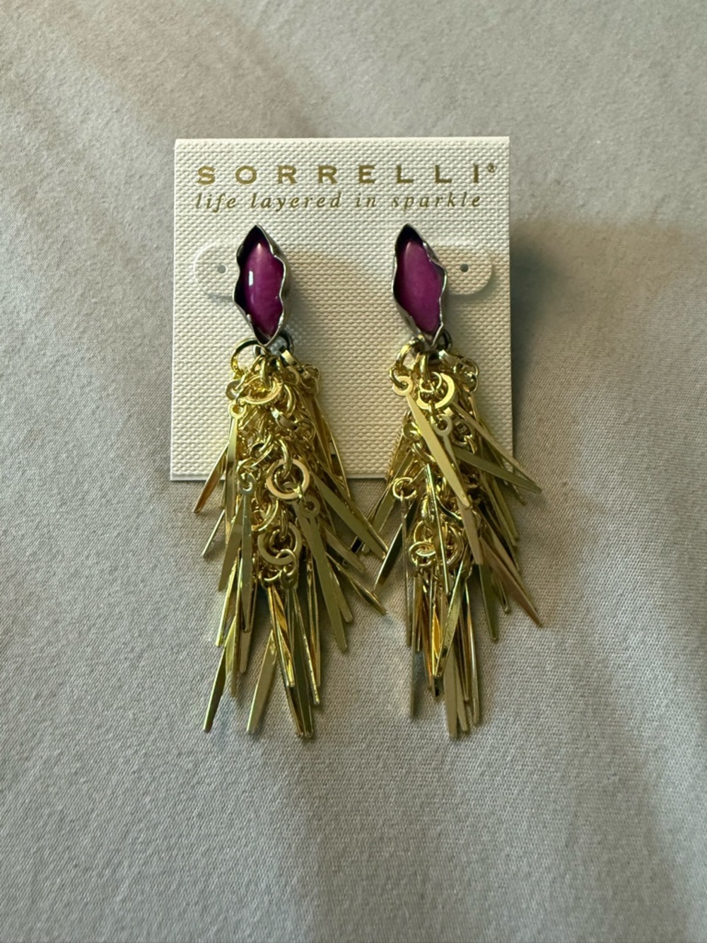 Sorrelli Gold Cascade Fringe Earrings with Magenta Stone